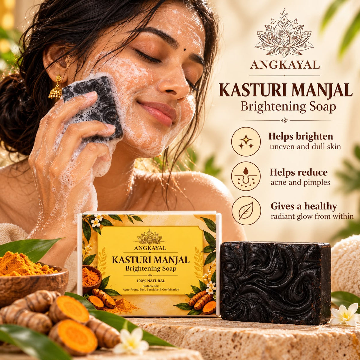 Kasturi Manjal Brightening Soap – Natural Wild Turmeric Cleanser for Acne, Brighter & Glowing Skin
